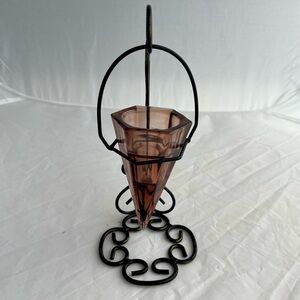 Vintage Wrought Metal Faceted Purple Glass Cone Shaped Tea Light Candle Holder
